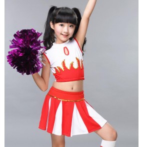 Red royal blue white patchwork fashion girls boys kids children school cheerleader sports gyms uniforms performance cheerleading dresses costumes