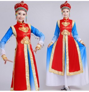 Red royal blue white patchwork gradient cosplay folk dancing minority mongolian riding dancing dresses robes costumes