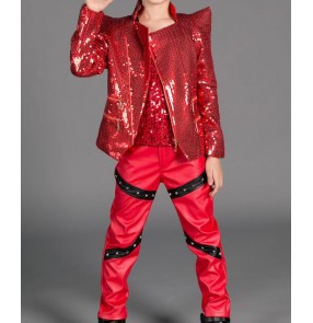 Red sequins blazers vest leather pants boys kids children school competition dancers drummer magcian singers hip hop jazz dancing outfits costumes