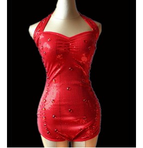 Red sequins paillette sleeveless halter neck backless girls women's night club bar jazz singer cosplay dancing outfits bodysuits