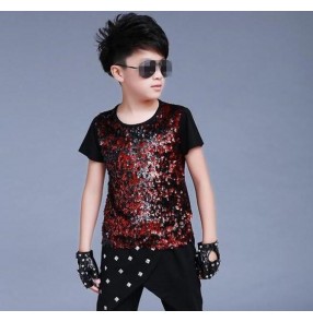 Red sequins short sleeves black fashion boys kids children jazz singer hip hop drummer competition ds dancing tops t shirts