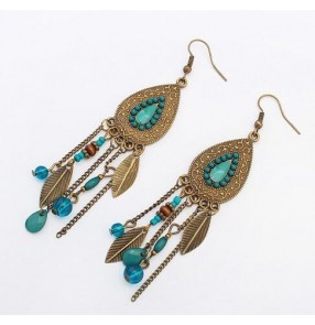 Red turquoise blue black Bohemia fashion European style leaves beaded fringes women's girls dance dress accessories earrings ear stud