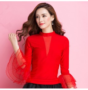 Red turtle neck flare long sleeves see through front competition performance women's ladies ballroom latin dance tops blouses