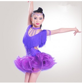 Red violet purple fuchsia hot pink backless girls kids children baby rhinestones tassel competition performance salsa latin dance dresses outfits