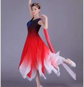 Red white gradient colored one shoulder women's ladies female competition modern dance folk traditional dance dresses outfits costumes