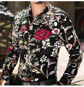 Rose Floral printed long sleeves turn down collar men's male fashion  performance singer hot dance dancers dj jazz cosplay shirts tops 
