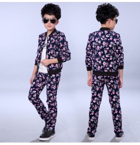 Rose flowers boys kids children fashion school drummer performance jazz hip hop singer ds dancing outfits costumes jacket pants