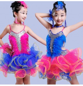 Royal blue and fuchsia hot pink fluffy fur sequins paillette competition  girls children baby school dance crew latin chacha dance dresses outfits costumes