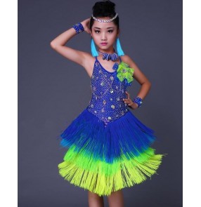 Royal blue and neon green patchwork fringes rhinestones handmade competition performance girls latin salsa dance dresses