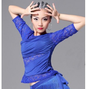 Royal blue black purple violet lace patchwork short sleeves women's competition performance latin ballroom dance tops blouses