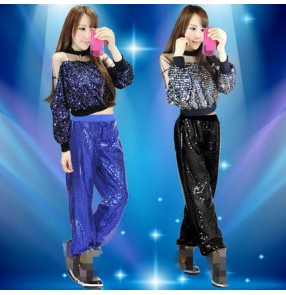 Royal blue black silver sequins glitter  long sleeves women's ladies performance modern dance hip hop jazz dj singer dance outfits costumes