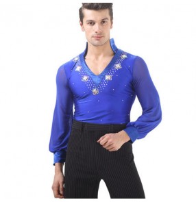 Royal blue black v neck rhinestones competition professional men's male latin ballroom dance tops leotards shirts