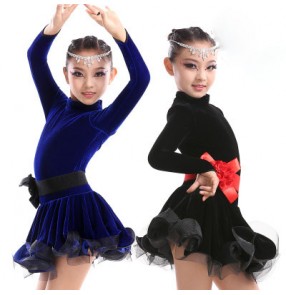 Royal blue black velvet long sleeves turtle neck competition professional performance girls kids children latin salsa cha cha dance dresses outfits