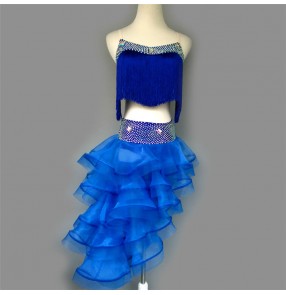 Royal blue fringes rhinestones handmade luxury competition contest girls women's salsa latin dance dresses outfits