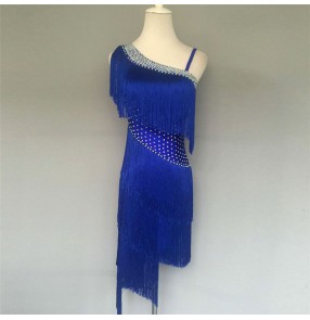 Royal blue fringes tassels competition rhinestones girls  women's latin salsa dance dresses outfits