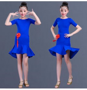 Royal blue fuchsia green patchwork short sleeves girls kids gymnastics performance latin salsa dance dresses outfits