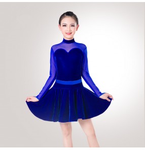 Royal blue fuchsia hot pink black velvet mesh patchwork long sleeves backless girls kids children competition professional latin ballroom dance dresses