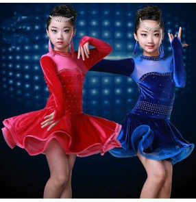 Royal blue fuchsia hot pink velvet rhinestones competition girls children kids ballroom latin salsa cha cha dance dresses