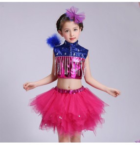 Royal blue fuchsia patchwork glitter paillette fashion girls modern dance jazz singers party dancing dresses outfits