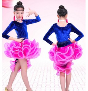 Royal blue fuchsia velvet rhinestones patchwork ruffles skirts girls kids children baby performance competition latin rumba salsa dance dresses