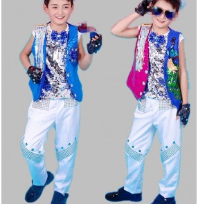 Royal blue fuchsia waistcoat silver sequins vest 3in1 boys baby children school competition drummer jazz singer dancers hip hop modern dance outfits