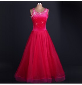 Royal blue hot pink fuchsia velvet sleeveless rhinestones women's competition professional ballroom tango waltz dancing long dresses 