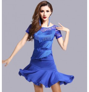 Royal blue lace fringes patchwork short sleeves girls women's rumba samba salsa cha cha latin dance dresses skirts