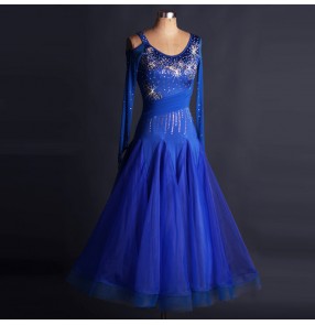 Royal blue long length rhinestones competition hollow shoulder fashion women's ladies professional ballroom tango waltz dancing dresses outfits