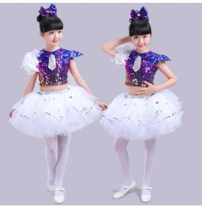 Royal blue rainbow colored sequins girls kids children competition modern jazz singer dancing dresses costumes outfits