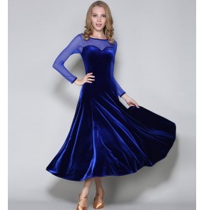 Royal blue red black red velvet mesh patchwork long sleeves fashion women's competition ballroom tango waltz dancing long dresses