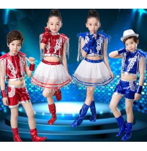 Royal blue red leather patchwork fashion boys girls modern dance street hip hop dance performance outfits costumes