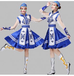Royal blue red  long sleeves fashion women's ladies female Mongolian international folk dance party cosplay dresses robes costumes