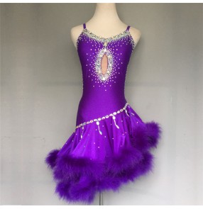 Royal blue red purple pink rhinestones diamond handmade luxury feather women's girls competition performance latin dance dresses