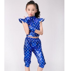 Royal blue red star printed fashion boys kids children girls glitter hip hop modern dance jazz singer performance outfits costumes