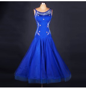 Royal blue rhinestones women's competition performance professional ballroom tango flamenco samba rumba dancing dresses costumes clothes