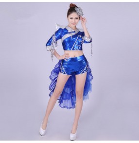 Royal blue silver leather fringes women's ladies bar club ds party cosplay modern dance stage competition performance singer jazz hip hop dancing outfits 
