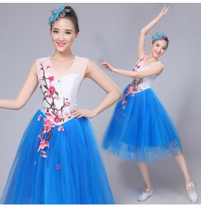 Royal blue silver sequins patchwork expansion irregular skirt women's ladies stage performance modern dance dj ds singer party dancing skirts dresses outfits