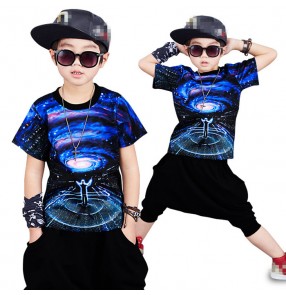 Royal blue  star sky printed short sleeves boys kids children school competition performance hip hop jazz dance harem pants outfits