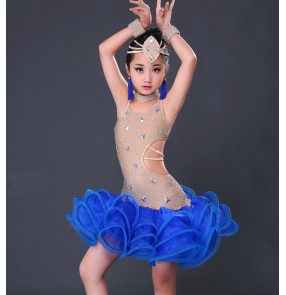 Royal blue turquoise neon green orange flesh color patchwork rhinestones handmade competition girls latin dance dresses