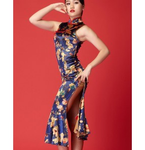 Royal blue velvet floral printed sleeveless women's ladies sexy competition salsa cha cha dance cheongsam dresses outfits costumes