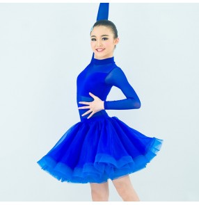 Royal blue violet green lycra spandex turtle neck long sleeves  girls children school competition professional latin ballroom dance dresses outfits