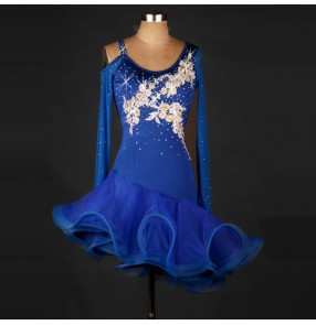 Royal blue white appliques rhinestones competition long sleeves big ruffles skirt women's ladies latin salsa cha cha dance dresses