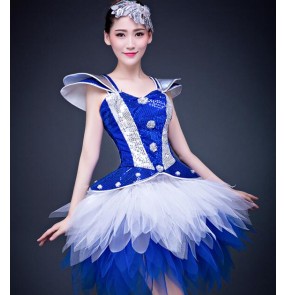 Royal blue white patchwork ruffles skirted women's ladies modern dance jazz singer ds night club bar performance dancing dresses