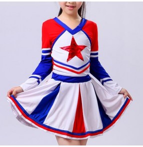 Royal blue white red Aerobics Basketball Football girls children kids school sports dance performance cheer leading clothes cheerleader uniforms outfits 