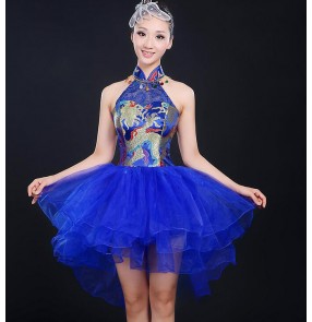 Royal blue yellow red damask dragon pattern fashion organza skirt patchwork women's girls performance modern dance folk drummer play cos play performance dresses outfits