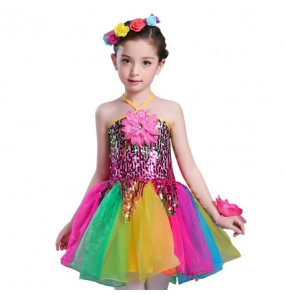 Sequins glitter rainbow colored flowers girls school competition modern dance princess performance jazz dance dresses