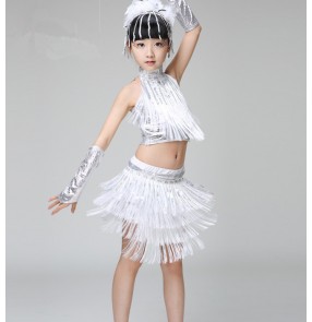 Silver and white sequins paillette glitter girls kids children baby school fringes competition dance crew salsa latin performance dresses outfits