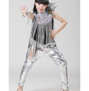 Silver black leather fashion sexy girls school competition contest  fringes rivet  hip hop jazz singer drummer cosplay dancing outfits costumes