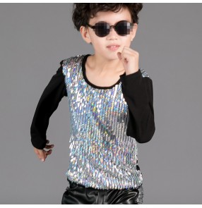 Silver black patchwork sequins paillette long sleeves boys kids children jazz singer drummer hip hop competition dance tops t shirts