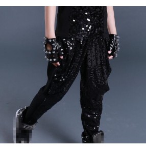 Silver black sequins glitter paillette long length boys kids children competition performance hip hop jazz drummer dancing harem pants 